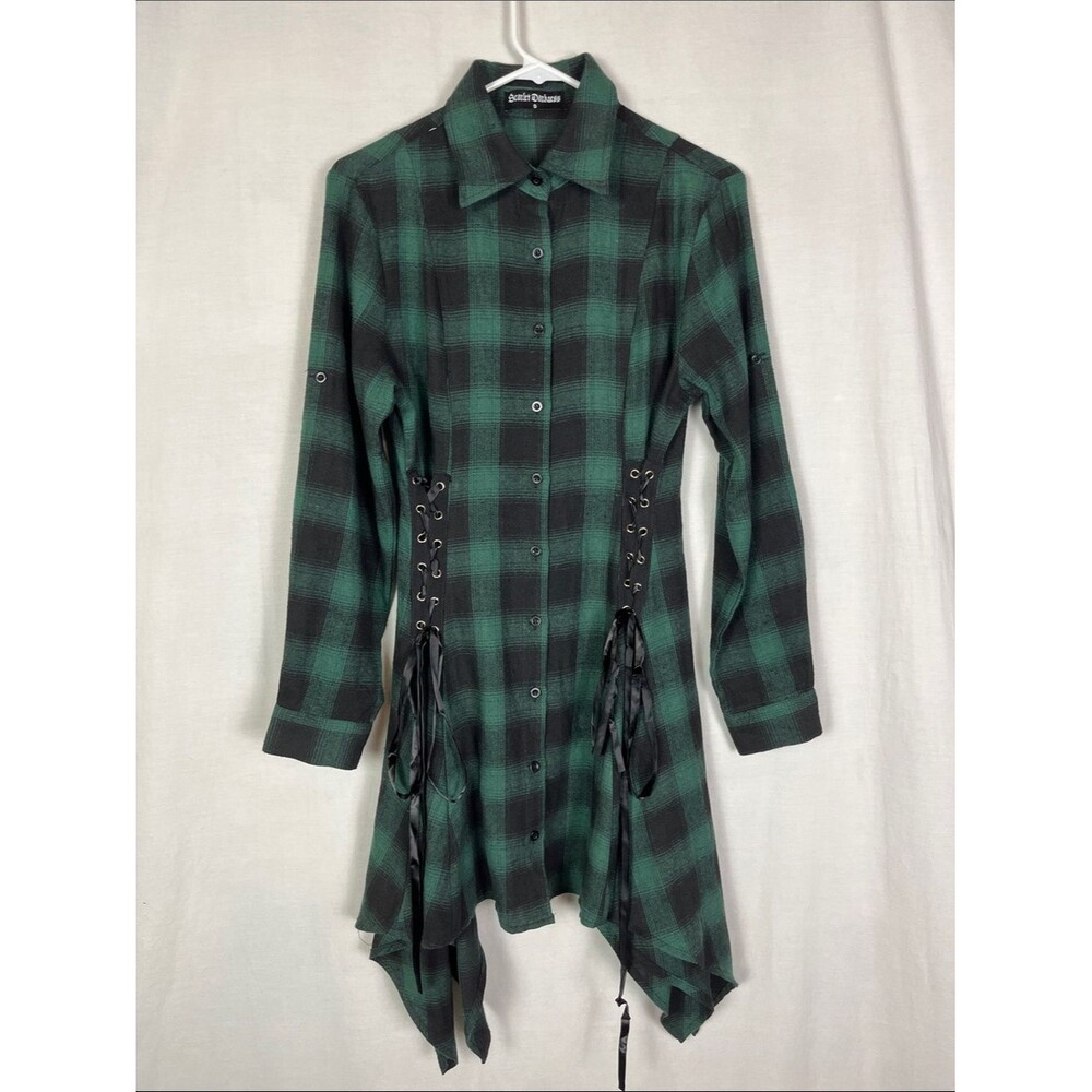 Scarlet Darkness Green Plaid Lace Up Long Sleeve Mini Dress